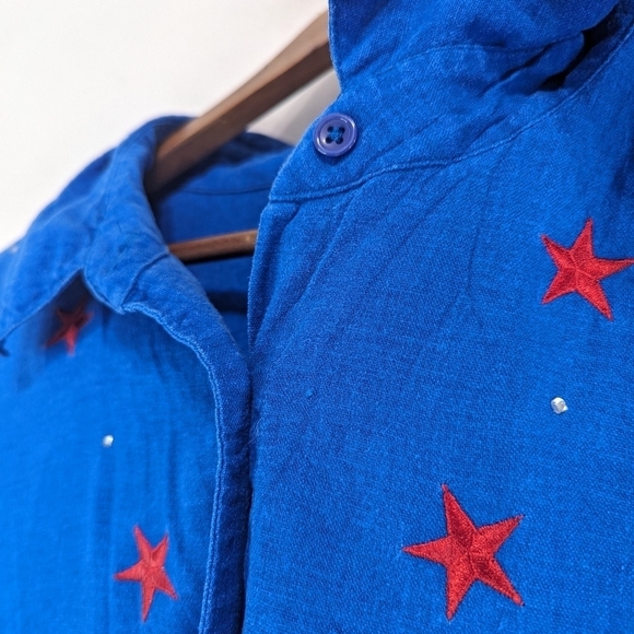 Quacker Factory Shirt Women 1X Linen Button 4th July Star Flag Short Sleeve - Picture 10 of 13